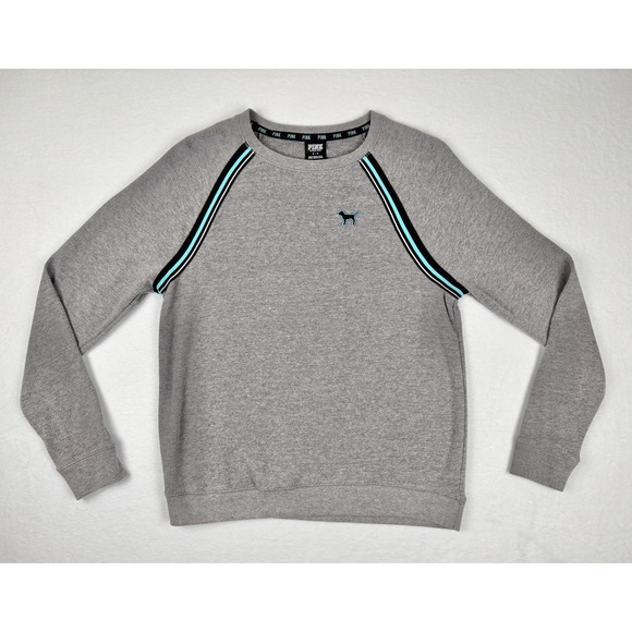 Victoria's Secret Tops - Victorias Secret PINK Gray Raglan Crewneck Sweatshirt Striped Logo Dog Size Smal